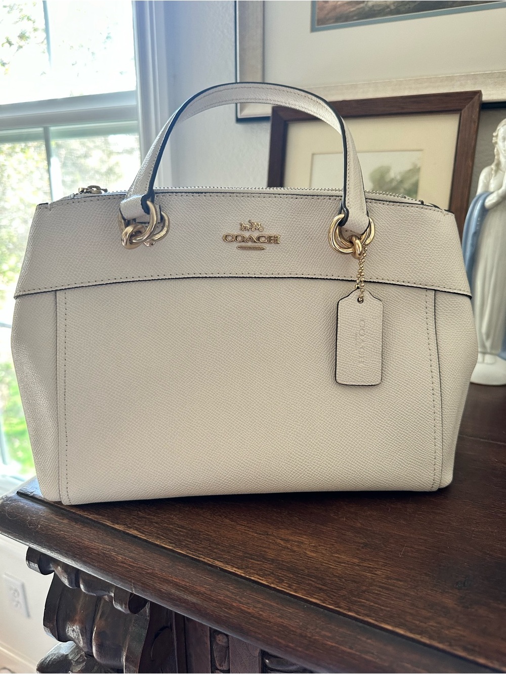 Coach Light Cream Saffiano Leather Satchel with Gold Hardware